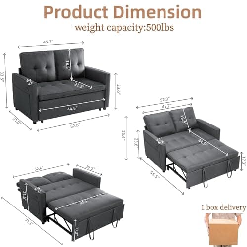 3-in-1 Convertible Sofa Bed: Dark Grey Pull Out Sleeper with USB Ports