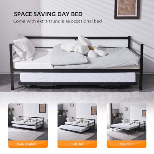 Metal Daybed with Trundle for Twin Size Mattress, No Box Spring Required - Black