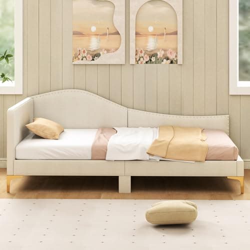 Giantex Beige Rivet-Tufted Twin Daybed with Storage Legs