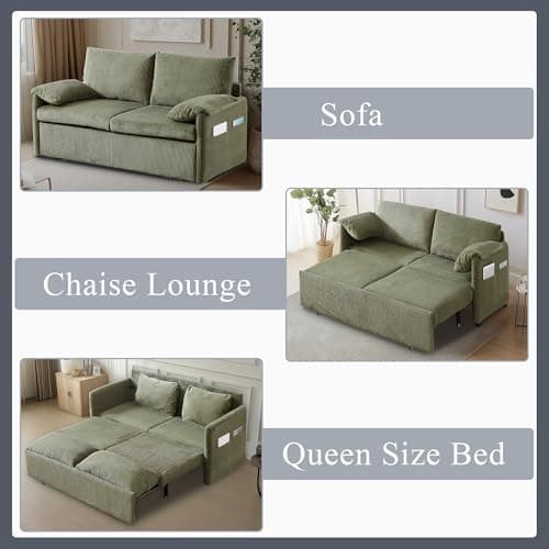 3-in-1 Corduroy Green Queen Sleeper Sofa Bed with Side Pockets