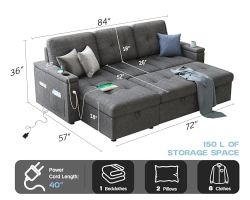 AMERLIFE Dark Grey 84 Inch L Shaped Pull Out Couch Bed with Storage