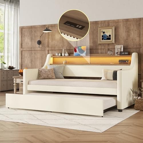 TwinSize Daybed with Charging Station & LED Lights, Gary's Slat Support Snooze Sofa