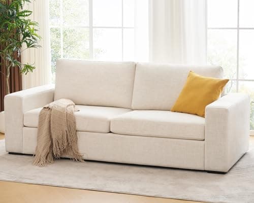 ELUCHANG 85" Natural Linen 3 Seater Deep Seat Sofa, Comfy for Small Spaces