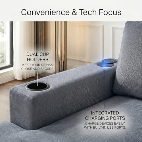 Modern 55" Oversized Chaise Lounger, Luxurious Chenille Fabric Single Sofa Chair with Pillows, Charge Station & Cup Holders for Living Room Apartment Offices (Blue Gray-55'')