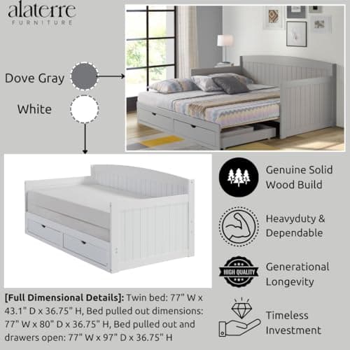 Alaterre Harmony Wood Daybed, Twin Size, White, 440 lbs Capacity, Kids Sleepover, 2 Drawers
