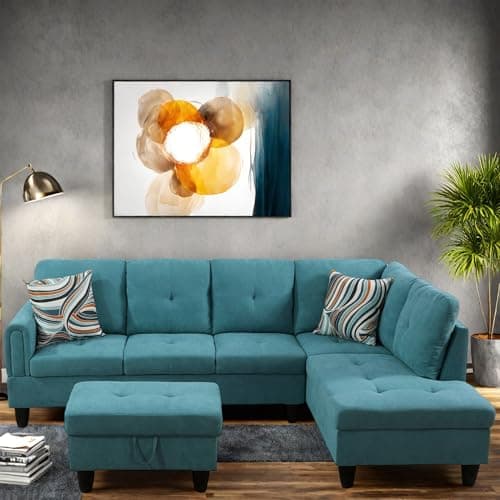 L-Shaped Couch with Chaise, 6 Seat Modern Living Room Sectional in Black/Grey with Storage