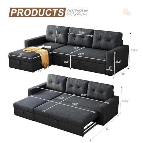 Dark Grey L-Shaped Reversible Upholstered Sleeper Sectional Sofa