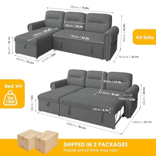 Dark Grey Velvet Reversible Sleeper Sofa Bed with Storage Chaise & Nailhead Armrest
