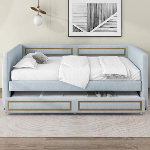 Modern Full Size Upholstered Bed with Backrest & Trundle, Blue