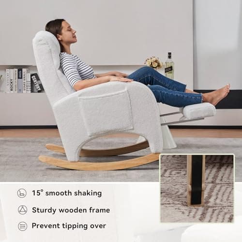 FOXHUNTER Modern Glider Chair with Footrest & Solid Wood Legs, High Backrest & Side Pocket, Teddy Ivory