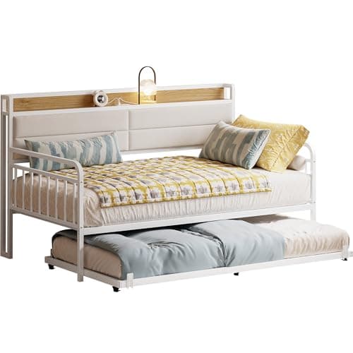 LIKIMIO Sturdy Metal Twin Bed Frame with Upholstered Headboard & Charging Station, Black