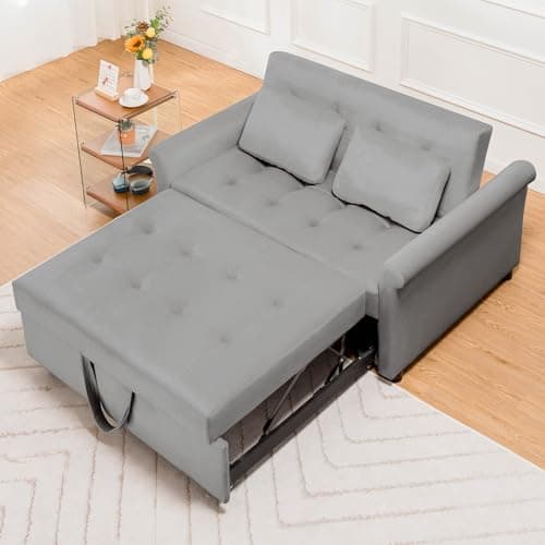 55 Convertible Sleeper Sofa Bed with Reclining Backrest and Pillows for Living Room, Grey