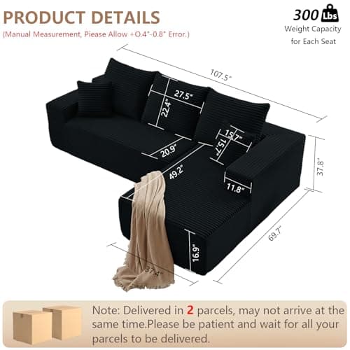 107" Black Right-Facing Chaise Modern Corduroy L-Shaped Sofa