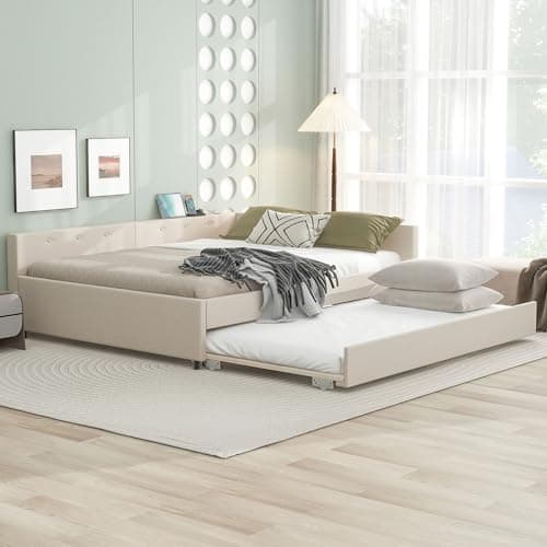 Modern Queen Upholstered Bed with Built-in USB, Beige Trundle Included