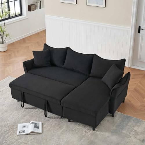 DeepGrey Linen Reversible Sectional Sleeper Couch with Storage and Pull-Out Bed