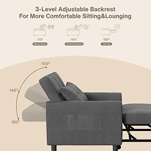 3-in-1 Convertible Futon Sofa Recliner, Dark Grey Linen Fabric Bed for Living Room Apartment