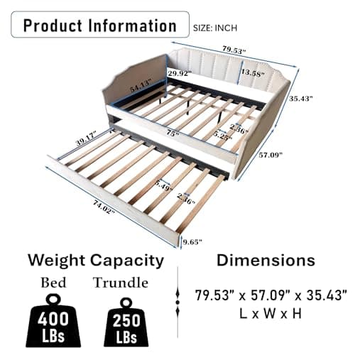 Beige Upholstered Daybed with Trundle & Wood Slat Support, Easy Assembly, Living & Guest Room