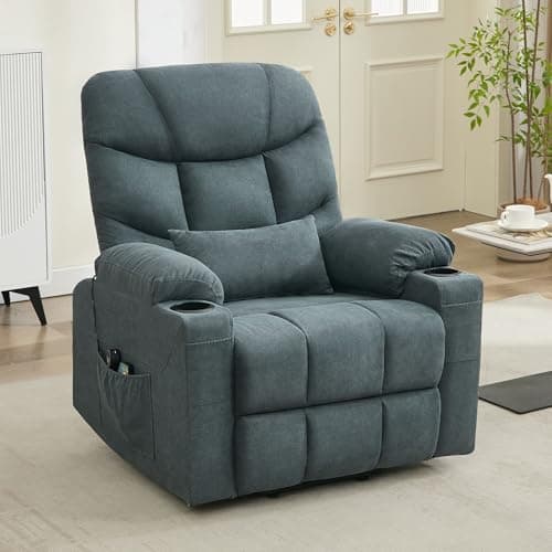 Blue Grey Vibrating Heat Massage Recliner Chair with Cup Holder