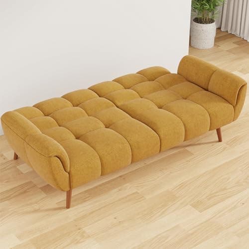 Modern Yellow Linen Futon Sofa Bed with Adjustable Backrests