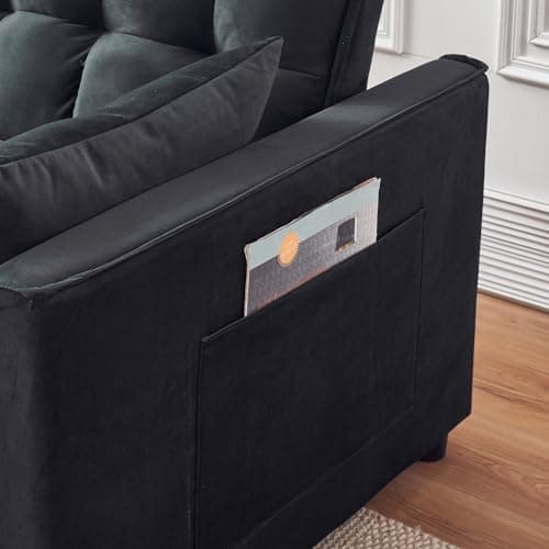 Black Velvet Futon Sofa Bed with Adjustable Backrest and Storage (Living/Bedroom)