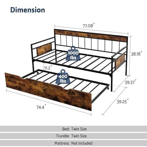 Twin Daybed with Trundle, Rustic Metal Frame, Saving Space Living Room Bed
