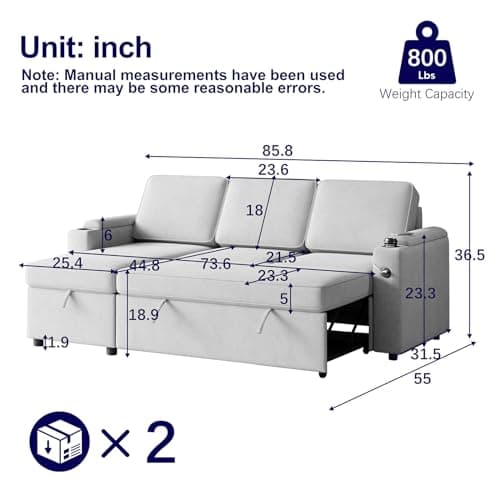 Antetek L-Shaped Sectional Sleeper Sofa, Grey with Storage & USB Port
