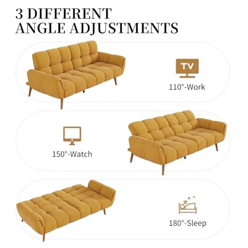 Modern Yellow Linen Futon Sofa Bed with Adjustable Backrests