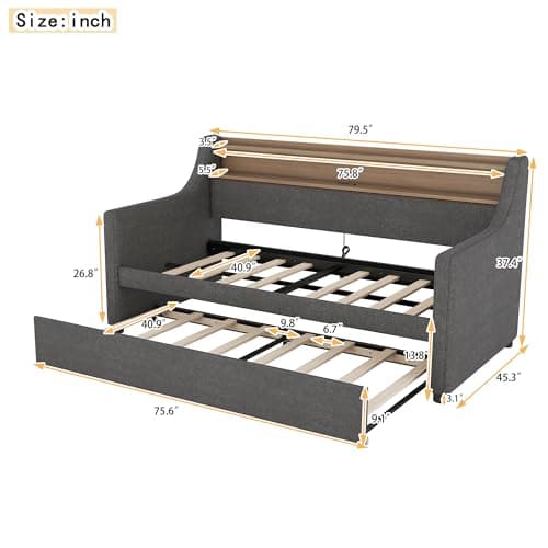 TwinSize Daybed with Charging Station & LED Lights, Gary's Slat Support Snooze Sofa