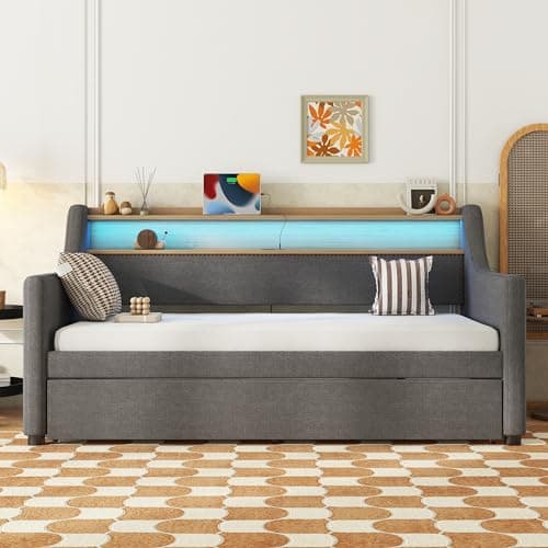 TwinSize Daybed with Charging Station & LED Lights, Gary's Slat Support Snooze Sofa