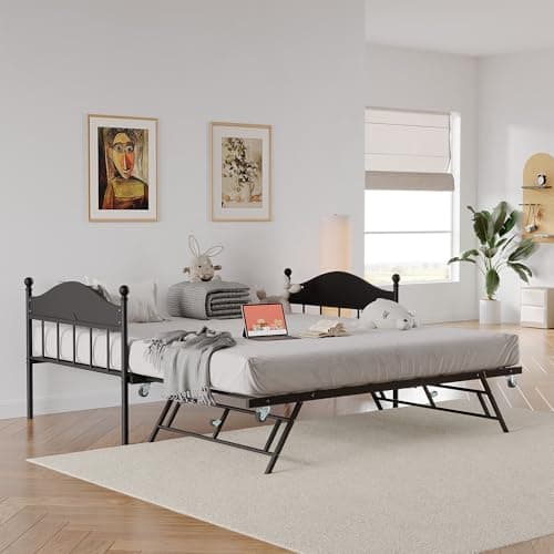 Stylish Metal Twin Size Daybed with Trundle for Living Room, Bedroom and Guest Room, Heavy Duty Steel Slats Platform, Black
| Pop Up Foldable Trundle Daybed with Headboard, Metal Twin Size Day Bed for Bedroom and Guest Room, Black
| Heavy Duty Steel