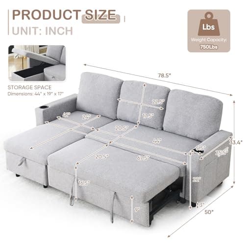 Antetek Reversible L-Shaped Sofa Bed with Storage and Pull-Out Bed for Small Spaces, Light Grey