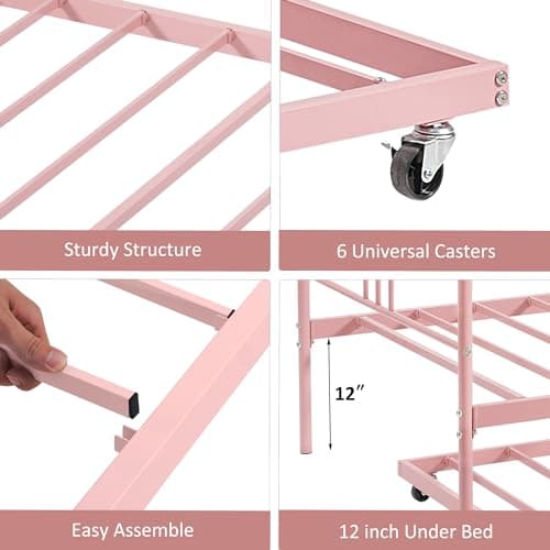 Pink Metal Twin Daybed with Trundle - No Box Spring Needed