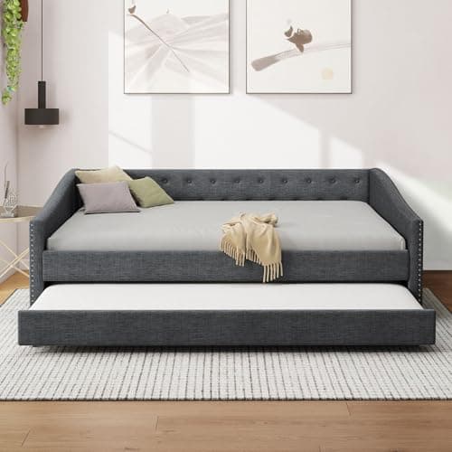 Twin Size Upholstered Daybed with Trundle - Dark Grey | Ultimate Guest Bed with Tufted Back and Piping Detail for Bedroom | No Box Spring Needed  
Twin Size Upholstered Daybed with Trundle - Dark Grey | Perfect Sofa Bed for Guest Room with Button Bac