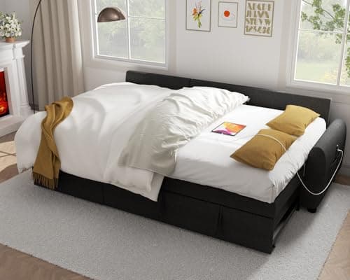 Ucloveria 87" Sleeper Sofa Bed with Reversible Chaise & Side Pocket | Black Linen Fabric