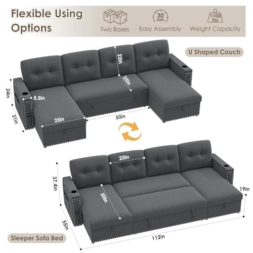 HIFIT 112" U-Shaped Sectional Couch with LED Lights & USB, Grey