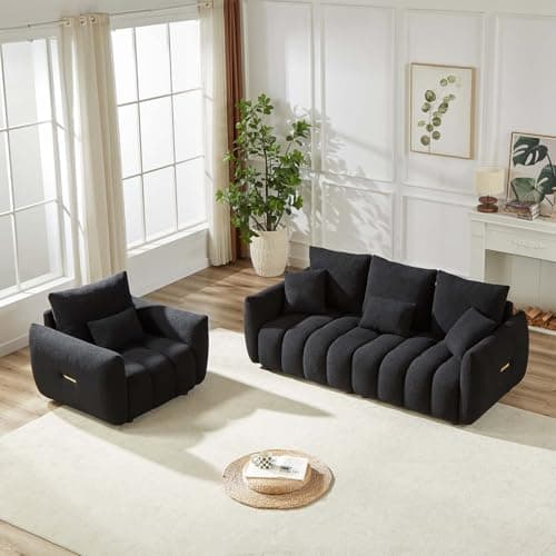 Modern Beige Teddy Sofa Set for Living Room: Deep Seat Chair and Oversized 3-Seater Couch