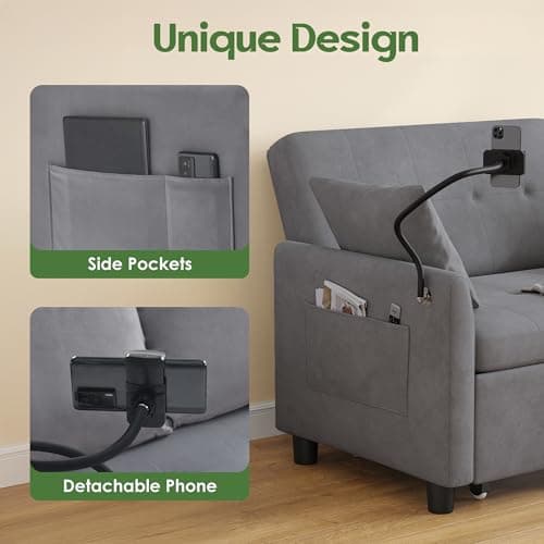 3-in-1 Convertible Sleeper Sofa Bed, Grey Velvet Love Seat with Pillow and Phone Holder