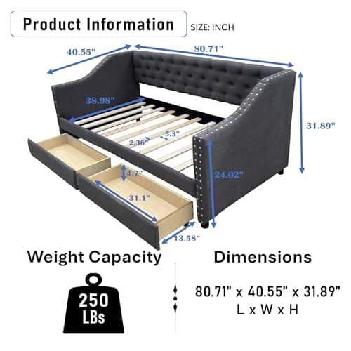 Twin Size Daybed with Storage & Linen Fabric, Wood Slat Support, Gray