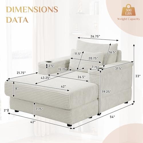 Oversized Corduroy Chaise Longue with Ottoman and USB Ports - Beige White Indoor Reclining Chair for Living Room.