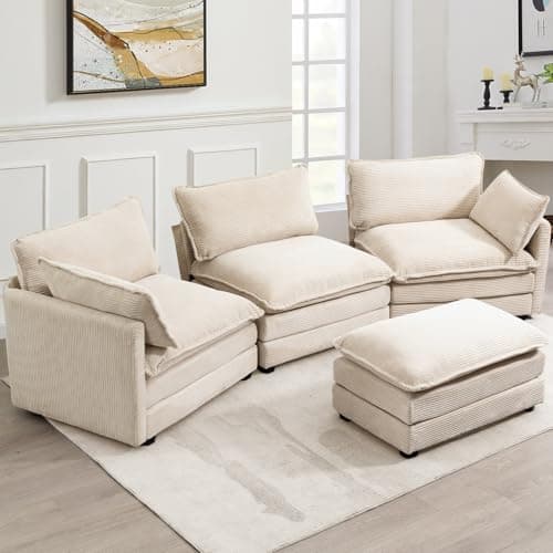 ROWHY Beige Oversized Modular Sectional with Movable Ottoman, 4 Seat L-Shaped Sofa Set