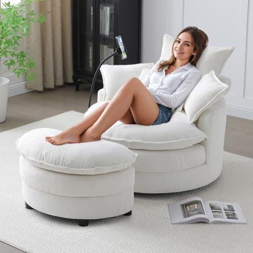 Modern Green Swivel Chair with Phone Holder & Storage Ottoman, Corduroy Upholstered