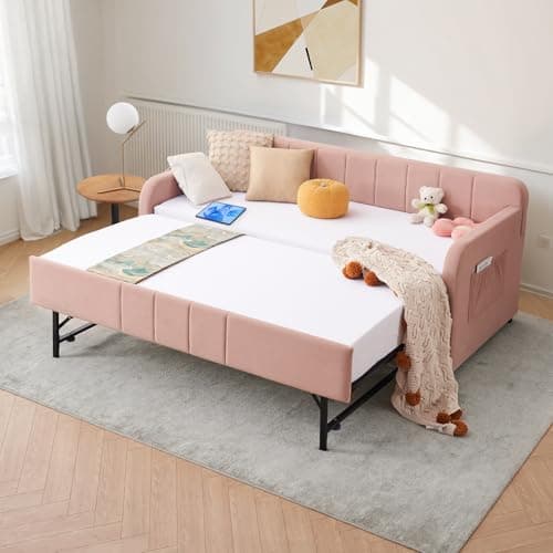 Beige Velvet Tufted Twin to King Extendable Daybed with USB Port