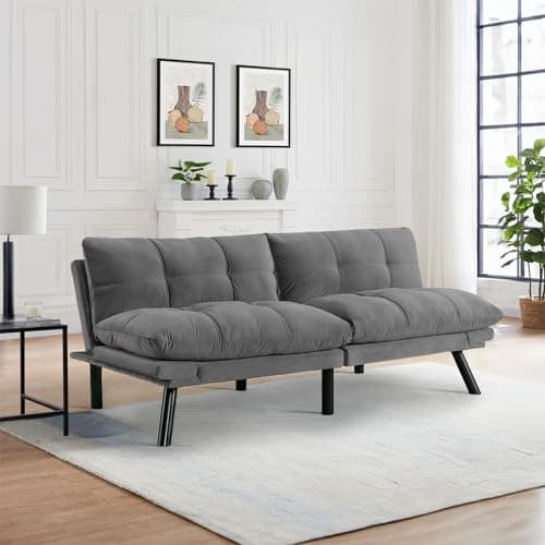 Thick Cushioned 72" L Velvet Futon Couch Bed, Deep Black Reclining Sofa