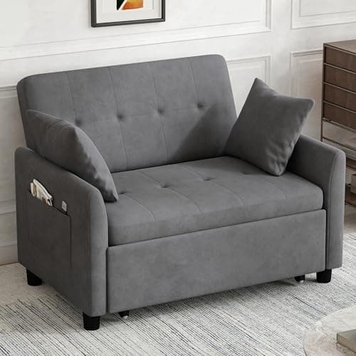 3-in-1 Convertible Sleeper Sofa Bed, Grey Velvet Love Seat with Pillow and Phone Holder