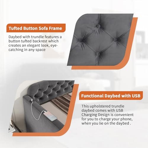 Dark Grey Velvet Upholstered Twin Size Daybed with Trundle and USB Port