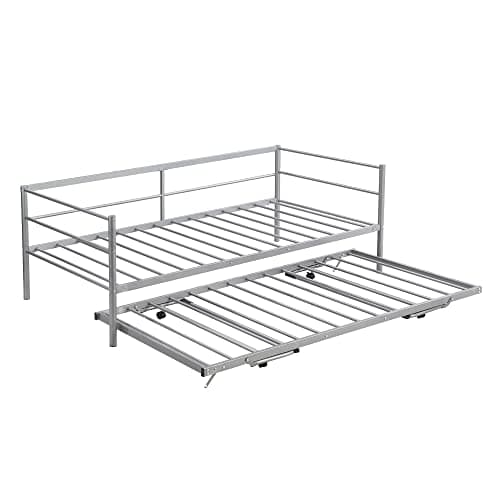 Merax Twin Size Adjustable Metal Daybed with Pop Up Trundle, Steel Slats Support, Silver