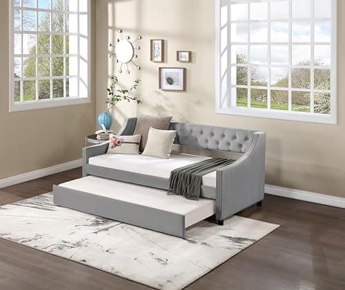 Rosevera Adrie Upholstered Twin Daybed with Tufted Button, Beige Velvet, Suitable for Living Room and Bedroom, Perfect for Guests, Elegant and Space-Saving Storage Solution