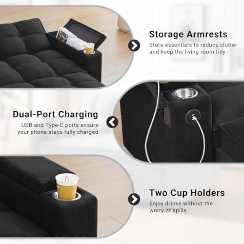 3-in-1 Sleeper Sofa Bed with Chaise Lounge,Adjustable Backrest & Side Table,Black