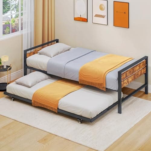 Black DWVO Twin Daybed with Trundle for Guest Room and Living Room, Adjustable Height Trundle Daybed, Metal Sofa Bed Frame with Wood Headboard, Easy Assembly