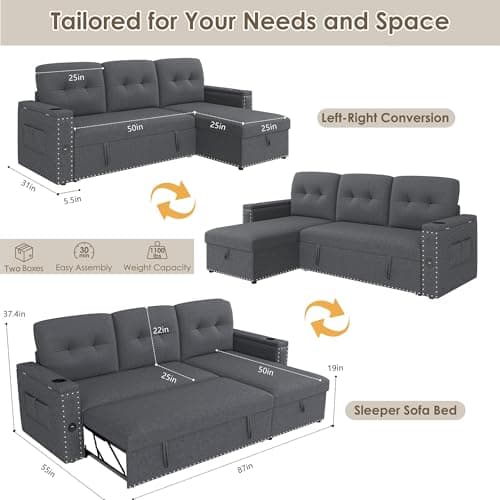 HIFIT Grey Shaped Sectional Sleeper Sofa with Storage & USB Port
